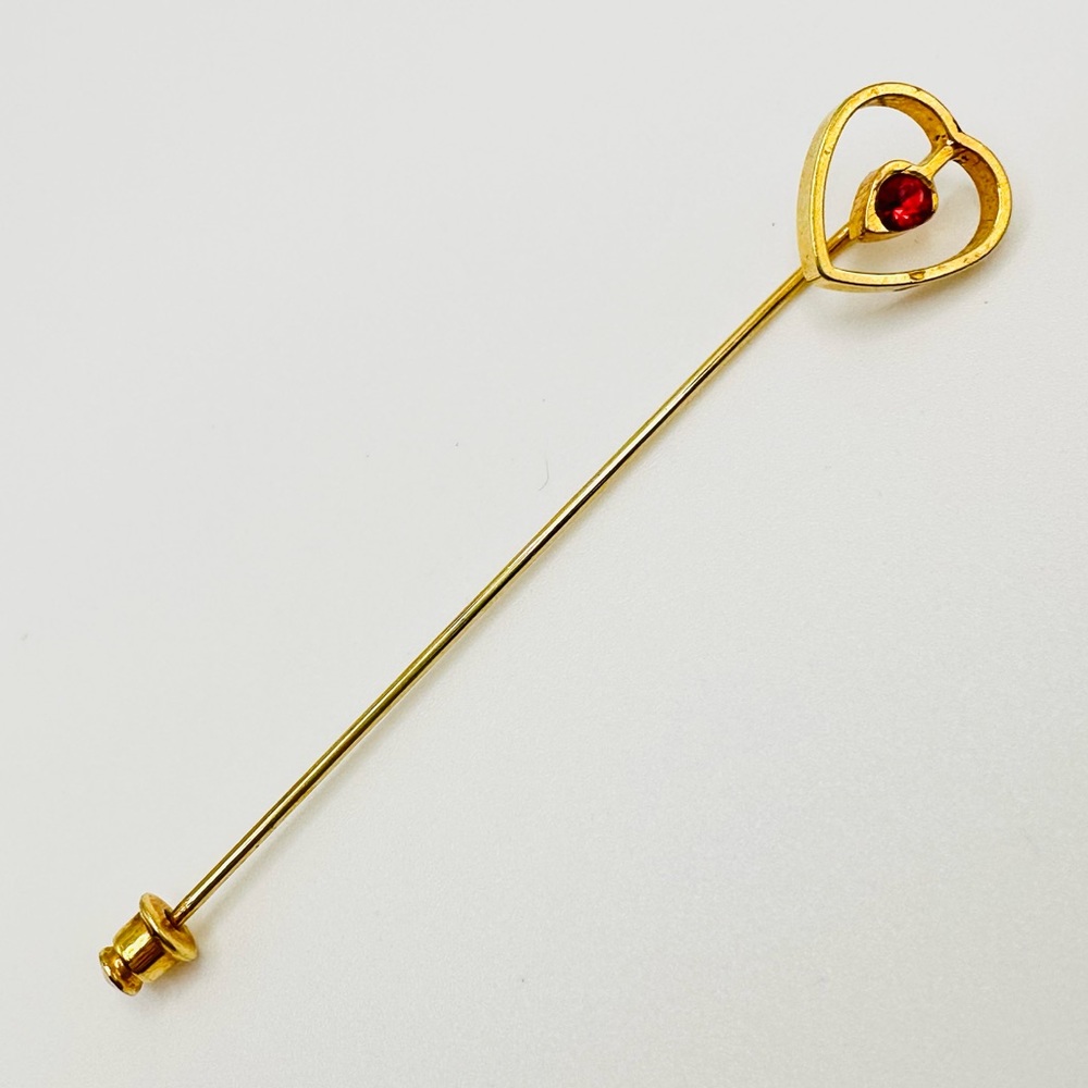 Vintage Mid Century Gold Tone Heart Red Rhinestone Stick Pin Hat Pin